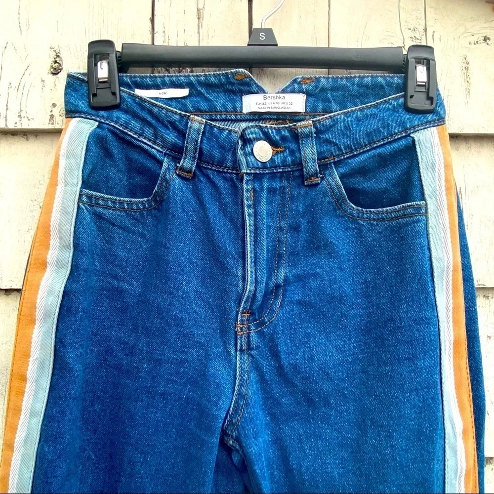 Bershka Mom High Rise Raw Hem Stripe Jeans